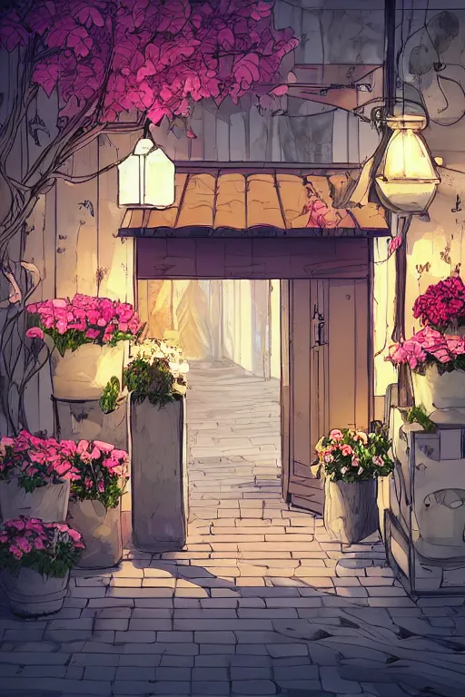 Prompt: a little flower shop's front gate, refreshing, digital illustration, dramatic lighting, pixiv