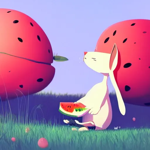 Image similar to a cute rabbit eating watermelon on the green meadow, a storybook illustration by goro fujita and atey ghailan