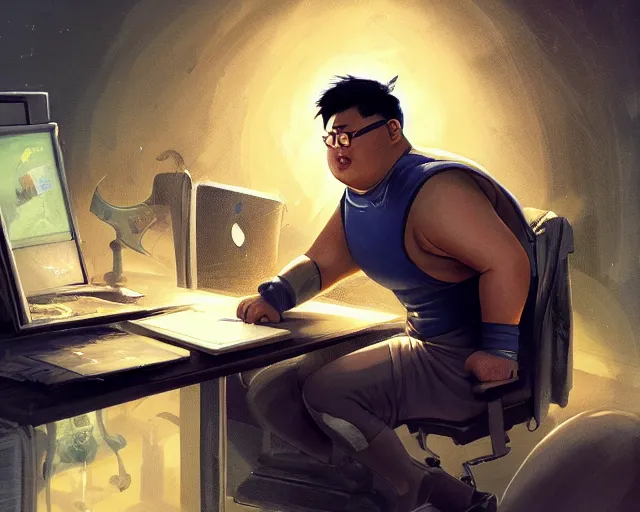 Image similar to an insanely detailed painting of a chubby nerdy asian man wearing a homemade superhero costume, sitting at a computer desk typing on the keyboard, in the style of peter mohrbacher, dramatic lighting and composition, trending on artstation, concept art, comic book, graphic novel, back view