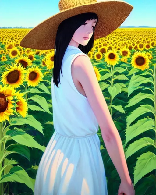 Image similar to a girl in a white dress and a straw hat walks in the sunflower field | | fine - face, audrey plaza, realistic shaded perfect face, fine details. anime. realistic shaded lighting poster by ilya kuvshinov katsuhiro otomo ghost - in - the - shell, magali villeneuve, artgerm, jeremy lipkin and michael garmash and rob rey