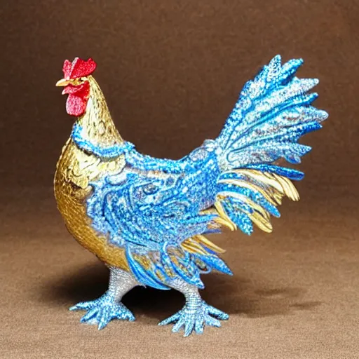 Image similar to beautiful, glorious crystallized gold sculpture chicken emperor, blue and silver colors, intricate details, realistic, reflective 3 d rtx hd