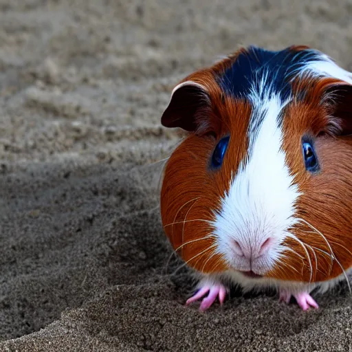 Image similar to a guinea pig using a metal detector on the beach, 4k photorealism