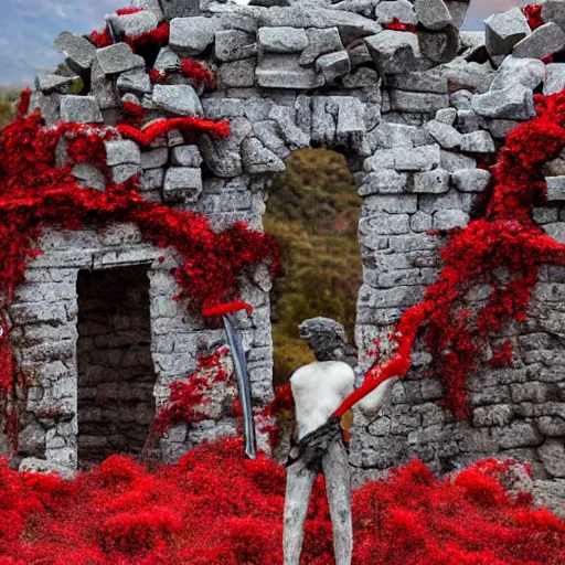 Prompt: the ruins of a village made out of stone, overgrown with red vines, with a broken stone statue of a man holding a sword in the middle of the ruins