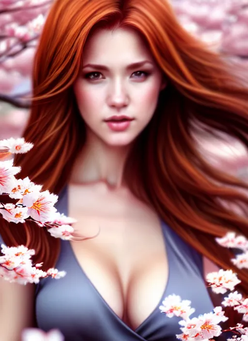 Image similar to photo of a gorgeous female with auburn hair in the style of stefan kostic, realistic, half body shot, sharp focus, 8 k high definition, insanely detailed, intricate, elegant, art by stanley lau and artgerm, cherry blossoms background