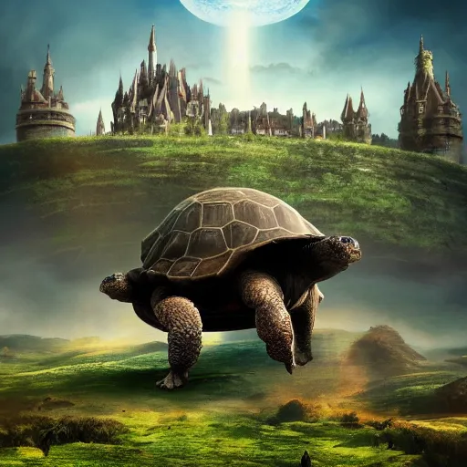 Image similar to giant tortoise walking with a large fantasy castle rising from the top of it, howls moving castle, mortal engines, distant shot birds eye view, fantasy, hyper detailed, 4 k,