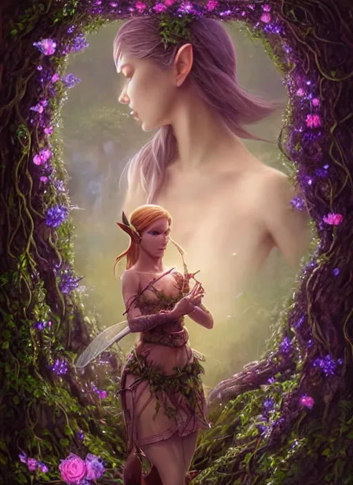 Image similar to beautiful full body portrait of the legend of zelda great fairy fountain, her body wrapped with ivy vines and flowers, dark fantasy esoteric, d & d, fantasy, cinematic lighting, intricate, elegant, highly detailed, digital painting, artstation, concept art, matte, sharp focus, illustration, art by artgerm and tom bagshaw and greg rutkowski and alphonse mucha