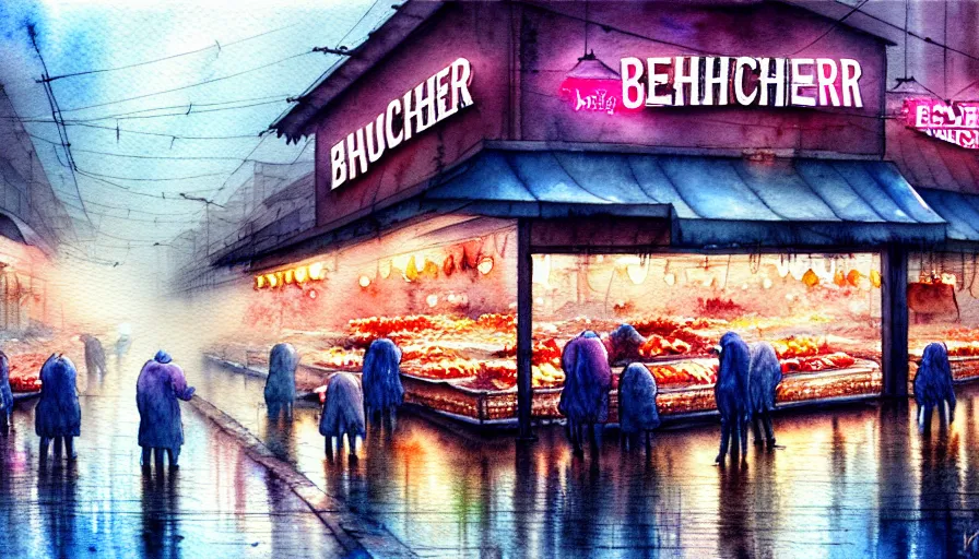 Image similar to watercolor painting of a butcher shop, raining, busy street, romantisism, outrun, pastel colors, painting, moody, detailed, by android jones