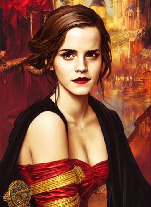 Image similar to oil painting of emma watson giving seductive look wearing black robes with red and gold lining. hogwarts in background beautiful detailed face. by artgerm and greg rutkowski and alphonse mucha