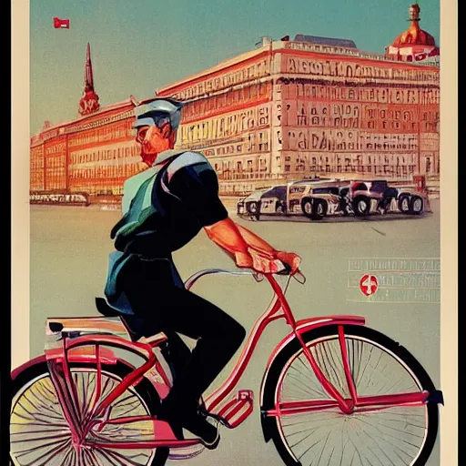 Image similar to portrait of mayor of budapest gergely karacsony riding a bicycle in summer shirt, soviet propaganda poster, hungarian flag in the background, colored, artgerm, highly detailed