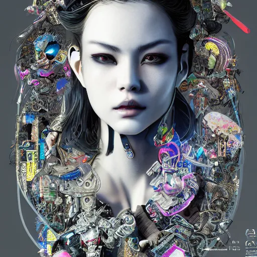 Image similar to the portrait of an absurdly beautiful, graceful, elegant, sophisticated, fashionable cyberpunk gravure idol, an ultrafine hyperdetailed illustration by kim jung gi, irakli nadar, zhong lin, intricate linework, bright colors, collage, porcelain skin, unreal engine 5 highly rendered, global illumination, radiant light, detailed and intricate environment