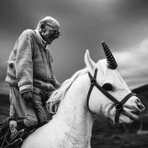 Image similar to An elderly man riding a unicorn, Canon EOS R3, f/1.4, ISO 200, 1/160s, 8K, RAW, unedited, symmetrical balance, in-frame