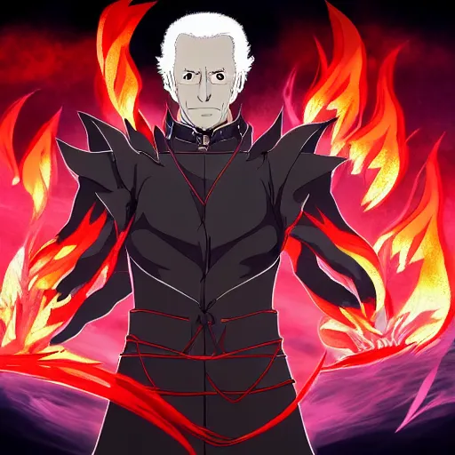 Image similar to portrait of dark biden as the master of the dark flames of destruction, anime fantasy illustration by tomoyuki yamasaki, kyoto studio, madhouse, ufotable, trending on artstation