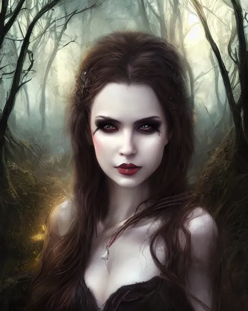 Prompt: a beautiful female vampire, 8 k, hyperrealistic, perfect eyes and face, dark forest landscape, hyperdetailed, fantasy portrait by laura sava