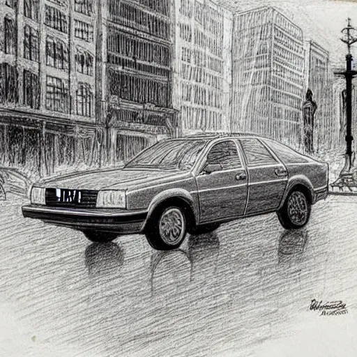 Prompt: leonardo davinci drawing of a driving Audi A80 B4 in a city, on a rainy day in new york