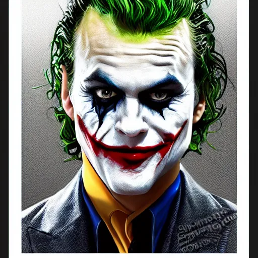 Image similar to the joker holding a printed photo of Margot Robbie, digital painting, amazing detail, artstation, photorealistic, cgsociety