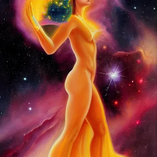 Prompt: A beautiful painting of a female cosmic being with a nebula as its body by Jim Burns, JWST, Trending on artstation.