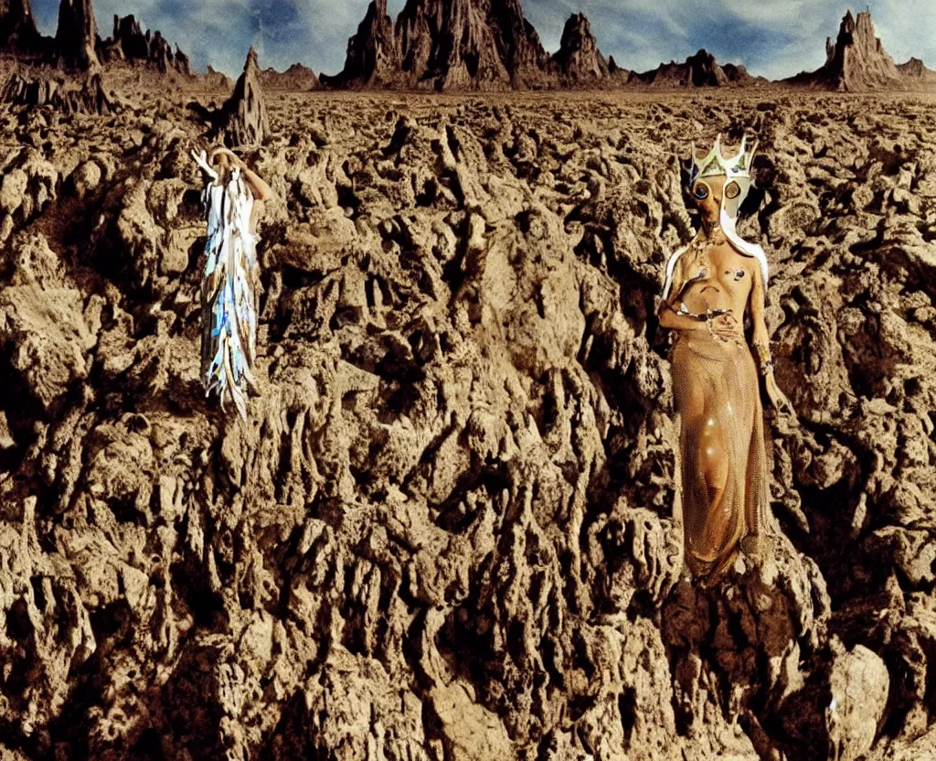 Image similar to salvador dali wearing a crown and costume with jewels in front of a huge crowd in a dry rocky desert landscape, alien construction by giger, film still from the movie by alejandro jodorowsky with cinematogrophy of christopher doyle and art direction by hans giger, anamorphic lens, kodakchrome, very detailed photo, 8 k