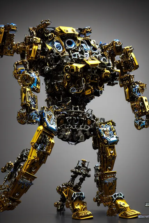 Image similar to a intricate ornate boxing humanoid mecha, punk, by war robots, real steel ( 2 0 1 1 ), westworld and pacific rim movie and ps 5 game machine warrior 5, cryengine, frostbite 3 engine, blue and yellow scheme, sharp focus, 8 k, high definition, insanely detailed, soft lighting, smooth face