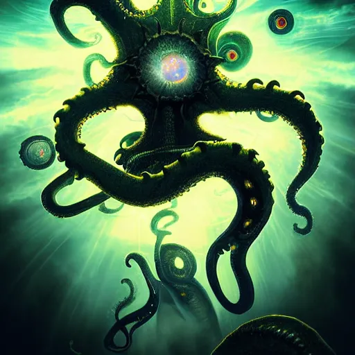 Image similar to cosmic horror devouring our sun, light rays, colors, futuristic alien spaceship, dramatic lens flares, unnaturally long tentacles, galaxy, supernatural eyes, SCP foundation, H. P. Lovecraft, Eldritch horror, space sci-fi, epic fantasy art, dark monster design, sharp, incredible detail, professional composition, quality digital art, 4k