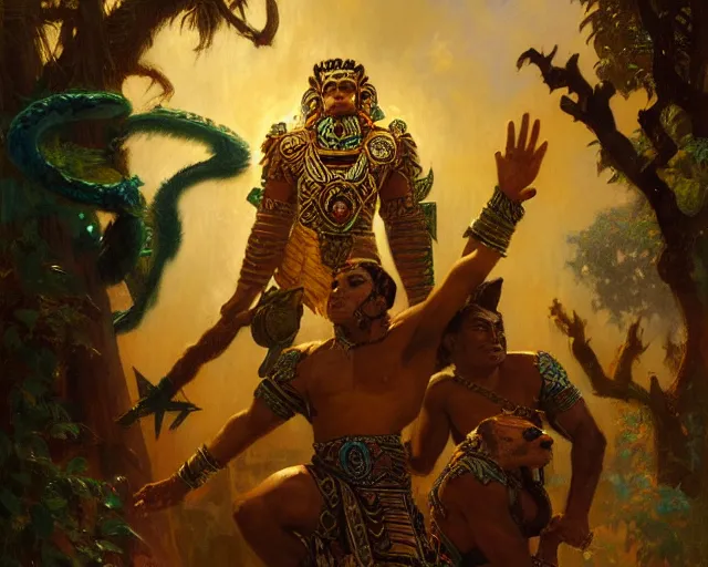 Prompt: attractive male aztec deity, casting aztec magic, summoning handsome panther night star. highly detailed painting by gaston bussiere, craig mullins, j. c. leyendecker 8 k