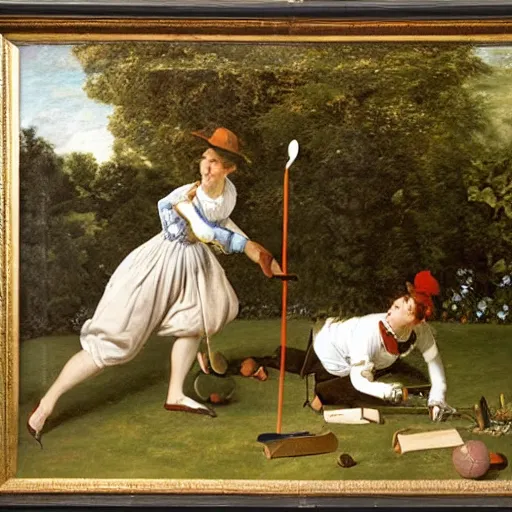 Image similar to seinfeld playing croquet in the garden, oil on canvas, highly detailed, warm color scheme, soft lighting, sharp focus, adelaide labille - guiard, artemisia gentileschi