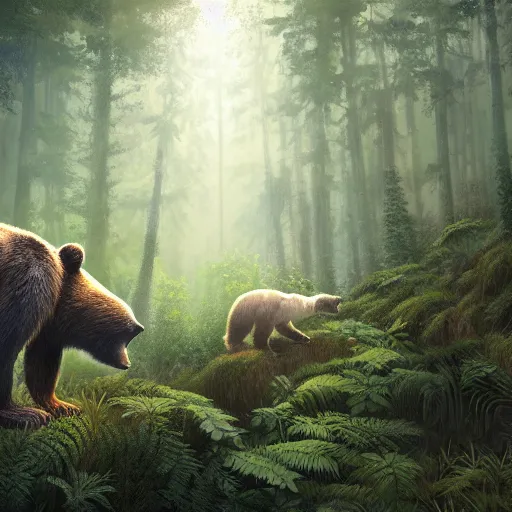 Prompt: a realistic fearful bear, beautiful, proportionate, atmosphere, vibe, forest, fern, flowers, concept art illustration, color page, tone mapping, james jean, andrei riabovitchev, marc simonetti, digital illustration, greg rutowski, volumetric lighting, sunbeams, particles