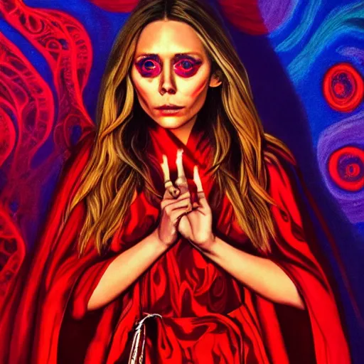 Prompt: a psychedelic full body painting of elizabeth olsen in a red wizards robe casting an evil spell, detailed face, red swirls, ominous lighting, night time, high quality