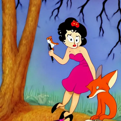 Prompt: betty boop riding a fox through the woods, cartoon, high definition