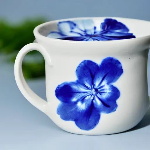 Image similar to clay mug on a white surface surrounded by a plethora of blue and white flowers, bright white realistic, up close shot, white background, zen, light, modern minimalist f 2 0