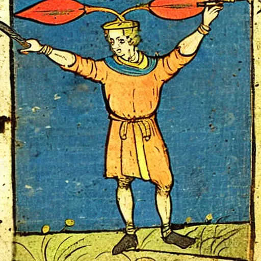 Image similar to a 1 8 th century illustration manuscript illustration of a medieval peasant holding a large blue trident above his head.