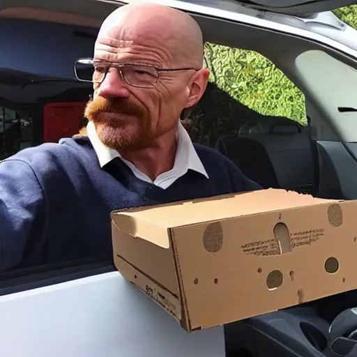 Image similar to walter white delivering pizza