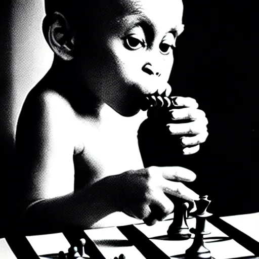 Image similar to black and white portrait photo of a monkey eating a chess piece by annie liebovitz,