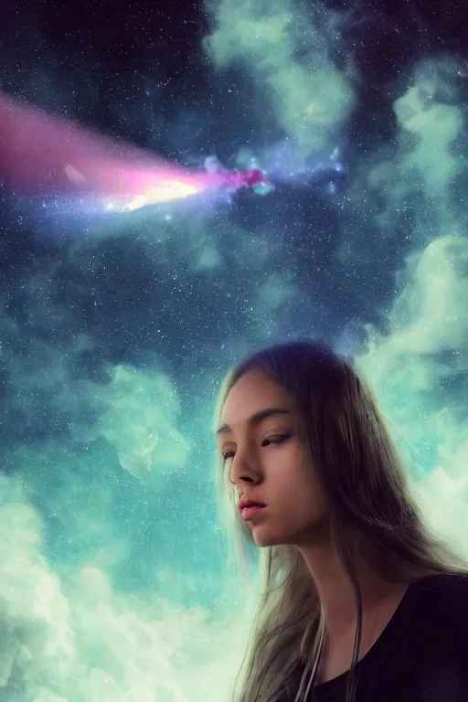 Image similar to a stoner girl blowing smoke that turns into a galactic nebula, dramatic lighting, cinematic, establishing shot, extremely high detail, foto realistic, cinematic lighting, post processed, concept art, high details, cinematic, 8k resolution, beautiful detailed, photorealistic, digital painting, artstation, concept art, smooth, sharp focus, artstation trending, octane render, unreal engine