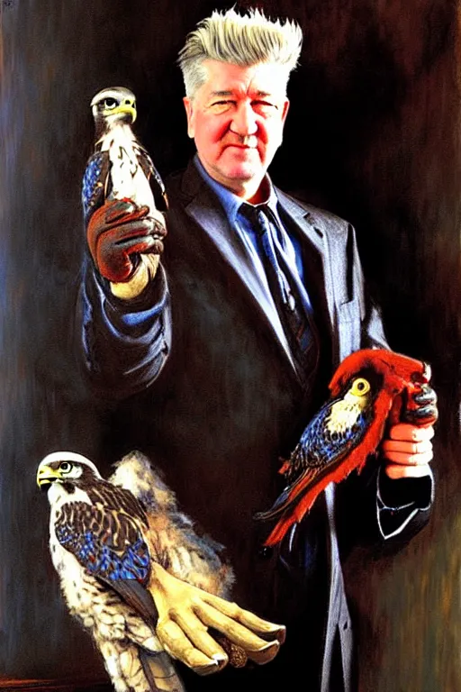 Prompt: david lynch with falconers glove, holding falcon painting by gaston bussiere, craig mullins