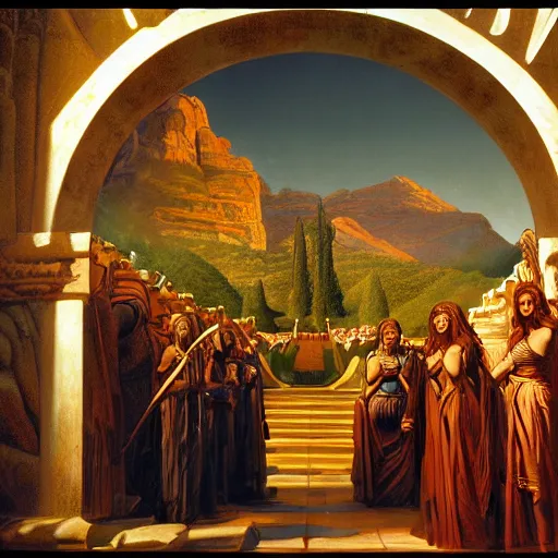 Image similar to Homeric mesmerizing inner sanctum of the most venerable and beautiful truth, in the style of Jeff Easley, Grant Wood, Ken Kelly, Élisabeth Vigée Le Brun, dramatic lighting, establishing shot, detailed and realistic faces, 8k resolution – W 1024