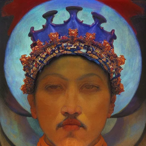 Prompt: the crown of clouds, by Annie Swynnerton and Nicholas Roerich and Diego Rivera, bioluminescent skin, elaborate costume, geometric ornament, symbolist, cool colors, smooth, sharp focus, extremely detailed