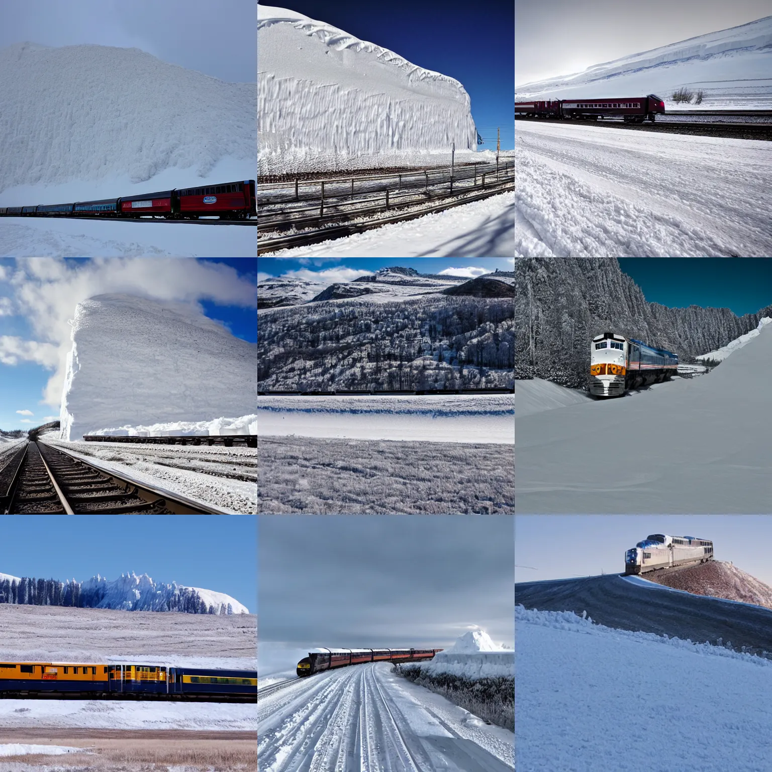 Prompt: train driving past towering snow walls in a barren cold frozen landscape