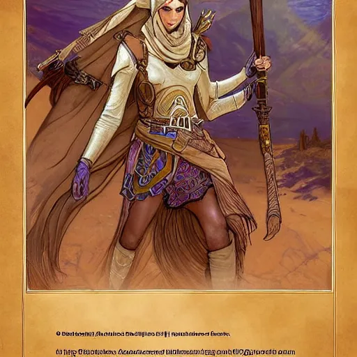 Image similar to Emeth the elven desert bandit. Arabian style. Epic portrait by james gurney and Alfonso mucha (lotr, witcher 3, dnd, dragon age, gladiator, scoia'tael). Practical light armor.