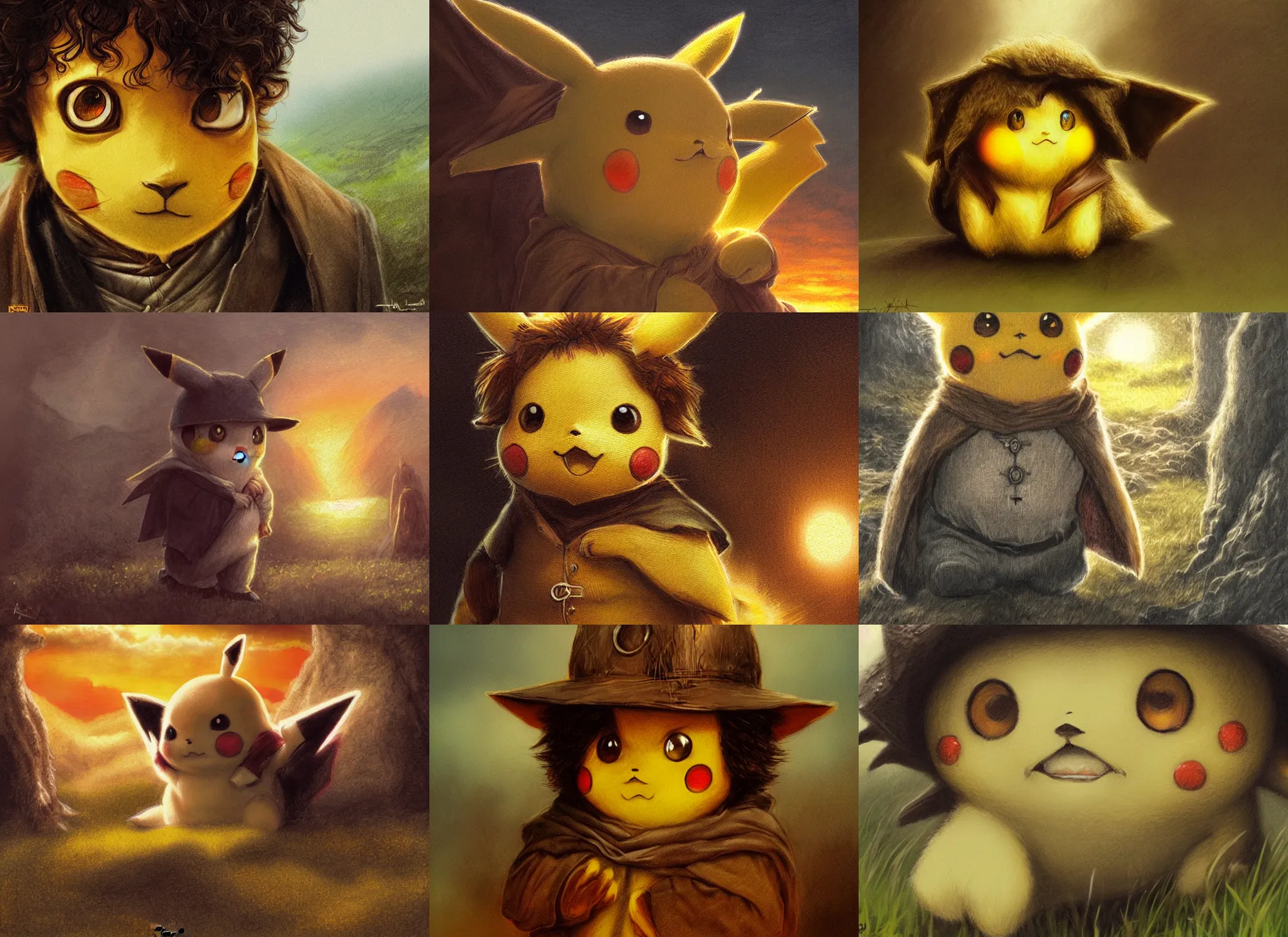 Prompt: Pikachu as Frodo Baggins by Alan Lee, sunset, concept art, detailed clothing, art station, oil painting