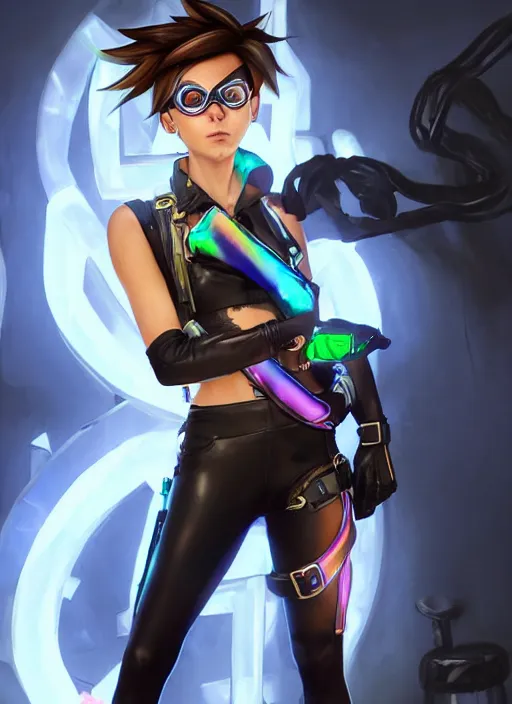 Image similar to full body digital artwork of tracer overwatch, wearing black iridescent rainbow latex tank top, 4 k, expressive happy smug expression, makeup, in style of mark arian, wearing detailed black leather collar, wearing chains, black leather harness, leather cuffs around wrists, detailed face and eyes,