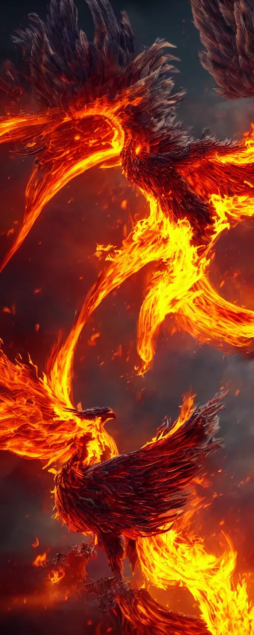 Image similar to fire flaming phoenix photorealism cinematic flying majestic epic detailed 4K