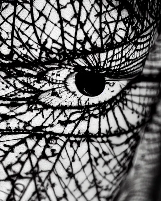 Prompt: extreme close up of a woman's eye, made of intricate decorative lace leaf skeleton, in the style of the dutch masters and gregory crewdson, dark and moody