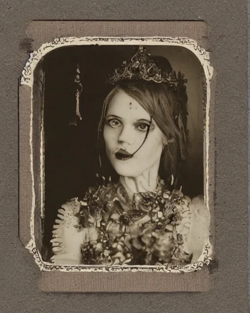 Image similar to a beautiful detailed front view portrait of a dead rotten princess with cyberpunk ornate growing around, ornamentation, elegant, beautifully soft and dramatic lit, 1 9 1 0 polaroid photo