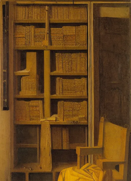 Image similar to bookshelves and drawing materials, paints, brushes, medieval painting by jan van eyck, johannes vermeer, florence