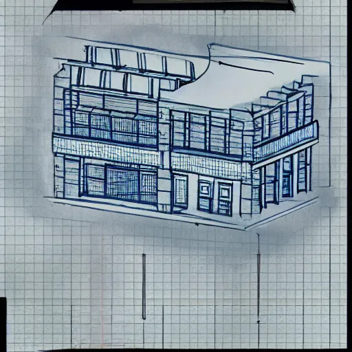 Prompt: blueprint sketch of an impossible building, isometric, detailed