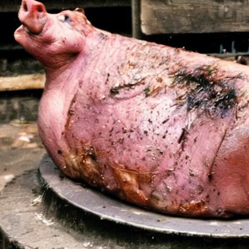 Image similar to roasting pig on a spit with samuel beckett's face