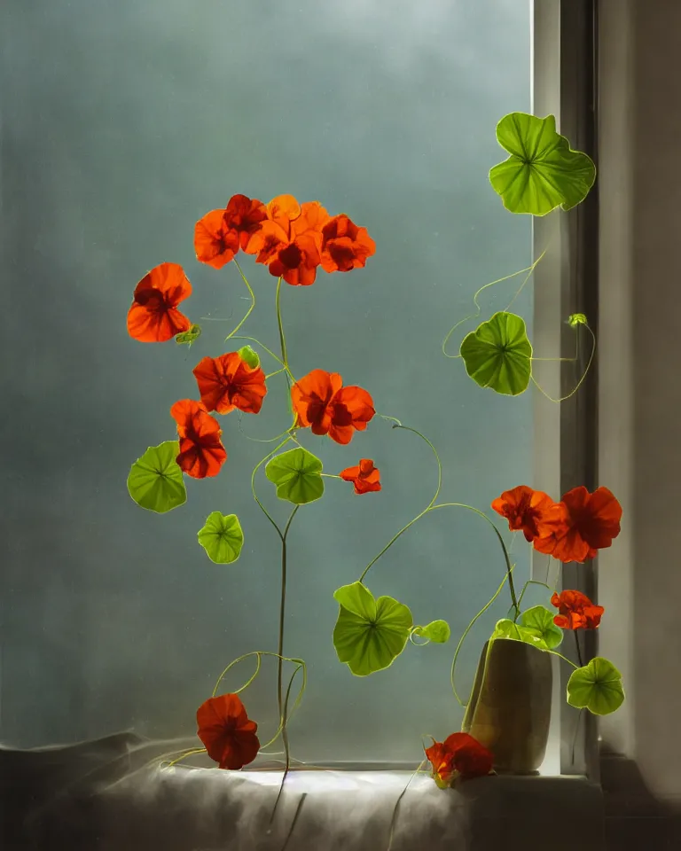 Prompt: photorealistic still life of nasturtium surrounded by blueish smoke with soft light piercing through a side window in a pitch black dark room