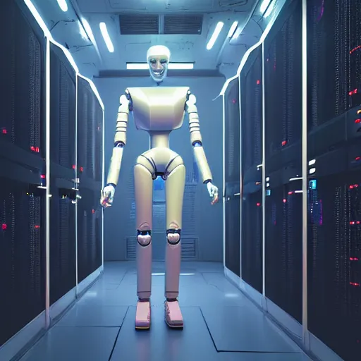 Image similar to hyperrealism stock photo of highly detailed stylish humanoid robot in sci - fi cyberpunk style by gragory crewdson and vincent di fate with many details by josan gonzalez working in the highly detailed data center by mike winkelmann and laurie greasley rendered in blender and octane render