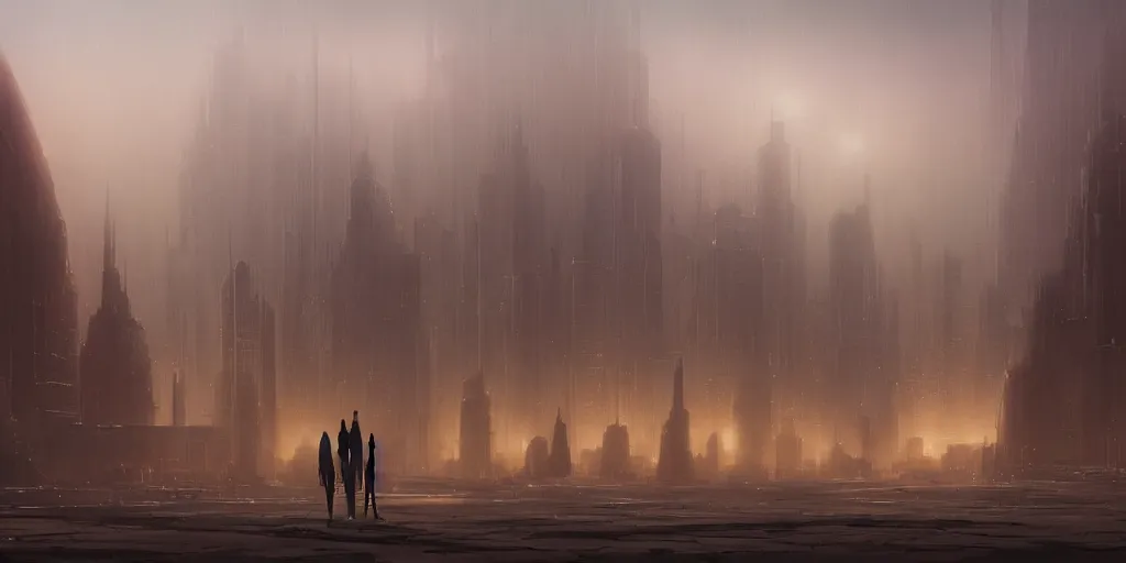 Image similar to A barren desert landscape with a glowing metropolis in the distance, fog and ethereal lighting, by Greg Rutkowski and Studio Ghibli