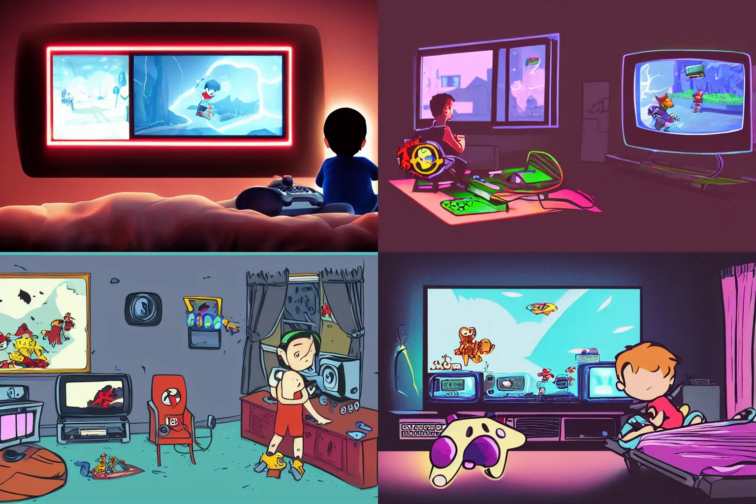 Prompt: High quality digital illustration of a kid seen from back playing videogames on a dark bedroom. A sinister plushie can be seen on the bed. The kid is in front of a vintage TV playing with the videoconsole, and the TV glows the entire room. We can see an adventure videogame on the TV. There is a storm that can be seen in the window that is placed at the right of the TV, ArtStation